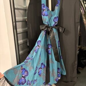 Wonderland Whimsical Butterfly Print Cotton A-Line Halter Dress Green Blue Black